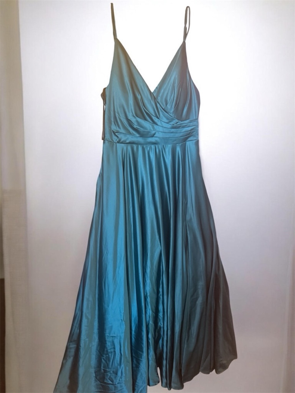 Satin Teal V-Neck Spaghetti Strap Dress